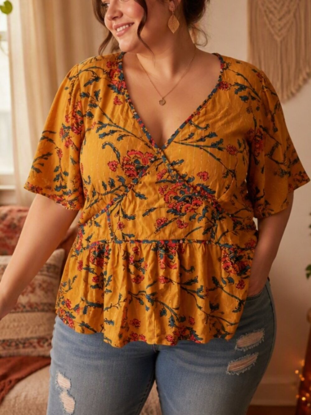 Knox Rose Mustard Floral Peplum V-Neck Top Blouse Shirt Plus 2X Boho Festival